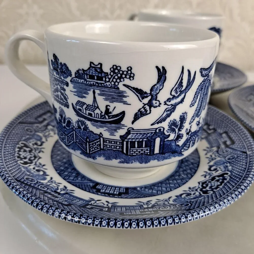Vintage Set of 4 Churchill Blue Willow Coffee Cups and Saucers Made in England